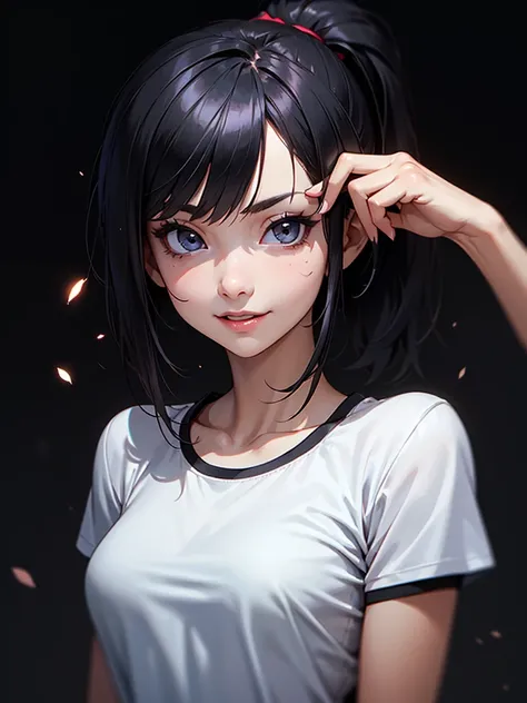 ((Portrait Photo)), She has a  and Cheerful Appearance with Black Hair, featuring a Small and Slim Build with a Childlike Behavior. She has Light Gray Eyes, and Expresses a Mischievous and Playful Look, Giving Off an Outgoing Attitude and a Childlike Charm...