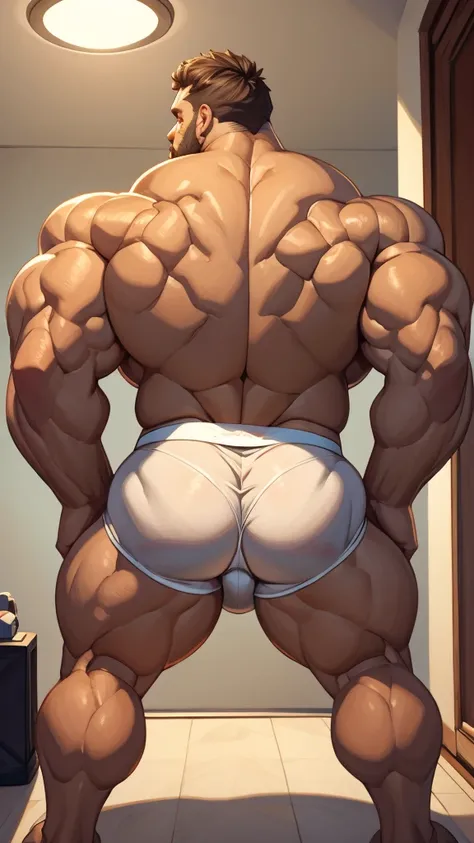 Backshot of one giant muscular man, bending over, looking at the camera, buff giant, bubble butt, thick thighs, hyper muscle butt, wearing white briefs, alone, HIGH QUALITY, BARA ART