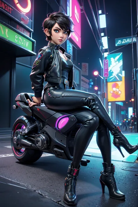 (masterpiece, best quality), female character sitting on a stationary motorcycle, cyberpunk style, leather jacket, Baggypants, short hair with vibrant highlights, confident expression, detailed futuristic motorcycle, neon accents, sleek design, high-tech e...