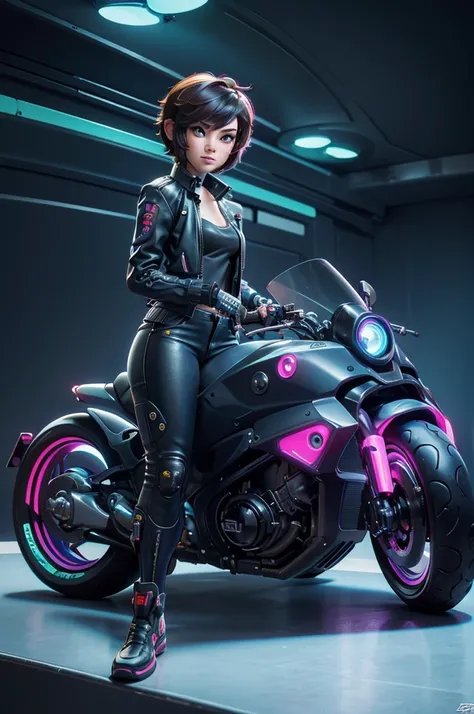 (masterpiece, best quality), female character sitting on a stationary motorcycle, cyberpunk style, leather jacket, Baggypants, short hair with vibrant highlights, confident expression, detailed futuristic motorcycle, neon accents, sleek design, high-tech e...