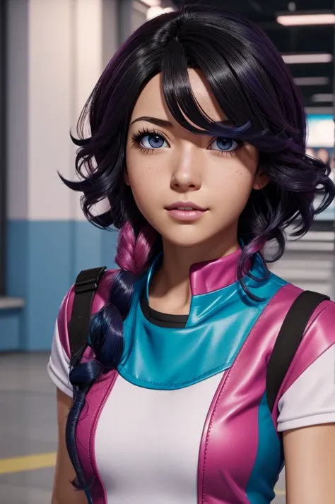 Screenshot of my hero academia.
Brunette girl with curly black hair with fuchsia and blue tips, brown eyes and a mole near the eye