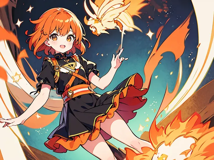 ((best quality)), ((masterpiece)), (detailed), An optimistic girl，short hair，Wear a black shirt，Wearing a crimson skirt and white stockings，With orange hair，Smile，Orange-red copper element metal，Orange-red copper crystals