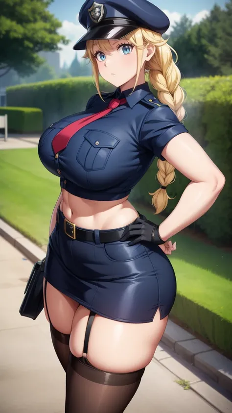 a cartoon character in a sexy outfit posing in the street with a bush, police, police uniform, 1girl, policewoman, shirt, skirt, hat, necktie, police hat, blue eyes, gloves, breasts, blonde hair, thighhighs, solo, navel, garter straps, looking at viewer, s...