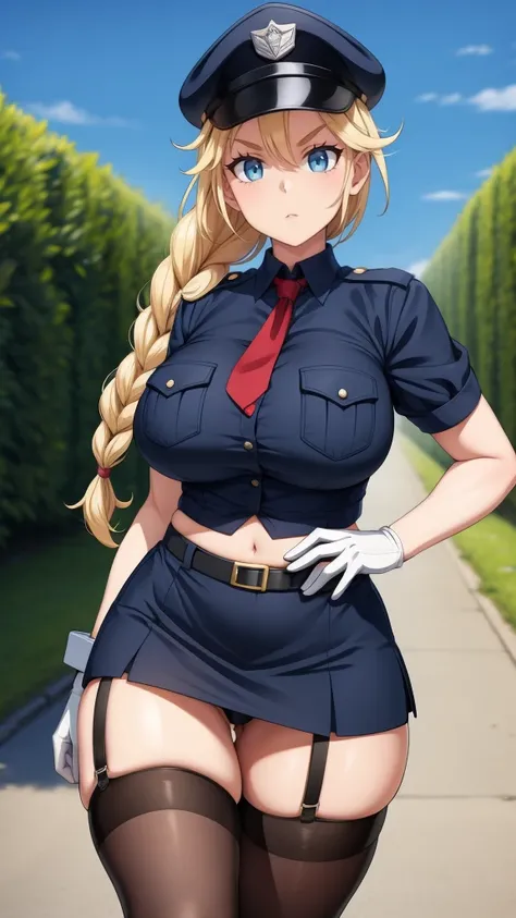 a cartoon character in a sexy outfit posing in the street with a bush, police, police uniform, 1girl, policewoman, shirt, skirt, hat, necktie, police hat, blue eyes, gloves, breasts, blonde hair, thighhighs, solo, navel, garter straps, looking at viewer, s...