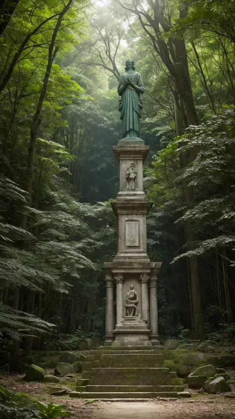 there is a stone statue in the middle of a forest, unreal maya, promotional movie still, by Simon de Vlieger, ruins, by Víctor Manuel García Valdés, aspect ratio 16:9, ps 3 graphics, quetzal, cinema still, filmstill, inspired by James Cadenhead