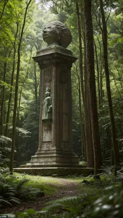 there is a stone statue in the middle of a forest, unreal maya, promotional movie still, by Simon de Vlieger, ruins, by Víctor Manuel García Valdés, aspect ratio 16:9, ps 3 graphics, quetzal, cinema still, filmstill, inspired by James Cadenhead