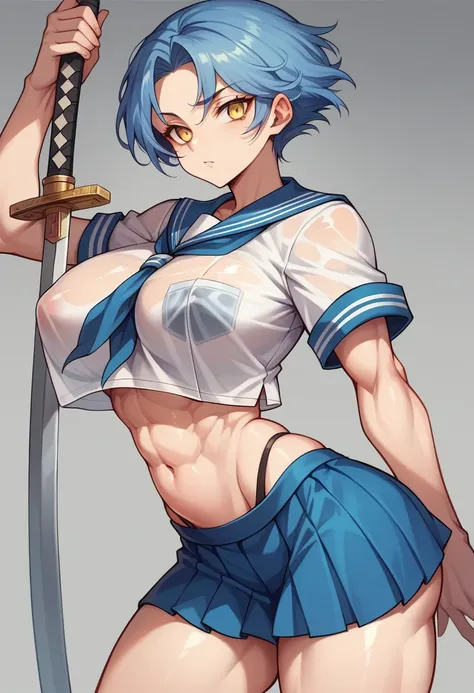 18-year-old,shiny navy hair,short hair,Parted bangs,Yellow Eyes,Large Breasts,Small waist,Big Ass,,A feminine and soft figure,Faintly visible abdominal muscles, , See-through sailor suit,Navy blue mini skirt,Black underwear, ,Japanese sword,Covered in body...