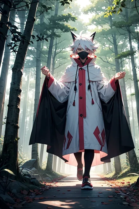 A white haired teenage boy in a long thin white cloak with a light pink pattern wearing a traditional wood carved mask resembling the Pokémon Zoroark covering his face walking through a forest. lush forest, semi-dim lighting, high quality, evening