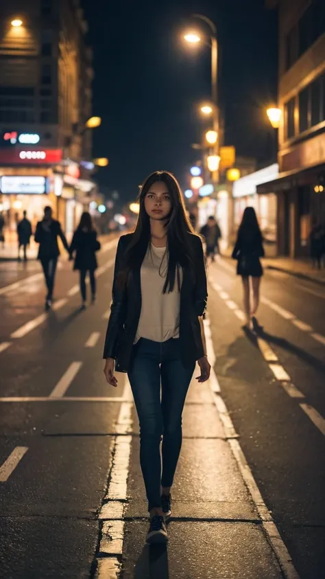 A beautiful young woman with long flowing hair, walking alone at night on a city street, the streetlights casting a warm glow, cars and people moving around her, a sense of solitude and introspection