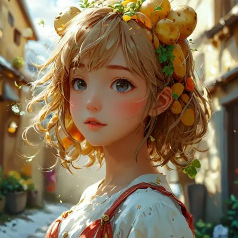 Create an illustration that meets the following conditions:。　-Create icons with cartoon character circles　-Realistic anime style　- Heartwarming characters　-Potato Girl　- Fantasy background　-Cartoon character theme