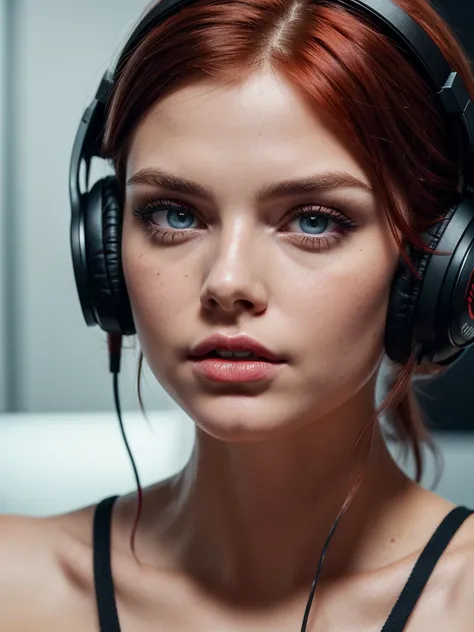 foreground, perfect face of a brunette woman with red hair, perfect face with heterochromia and big eyes ,bright red party thick lips wearing black headphones, The camera should only focus on his face and his innocent look., on a dark background, High qual...