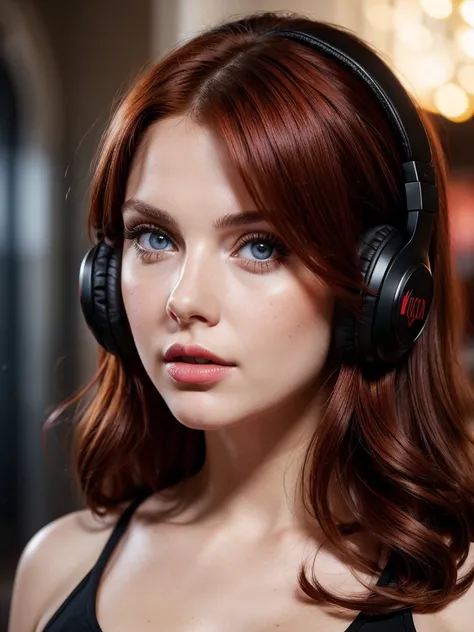 foreground, perfect face of a brunette woman with red hair, perfect face with heterochromia and big eyes ,bright red party thick lips wearing black headphones, The camera should only focus on his face and his innocent look., on a dark background, High qual...