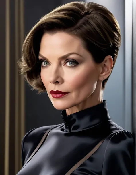 1 woman, [Anne Hathaway:Michelle Pfeiffer:0.4] as Selina Kyle,short tight cropped hair,(Close up Head Shot) exudes beauty with her radiant, smooth skin. Her strong, serious demeanor and confident stance convey an air of convincing allure. This captivating ...