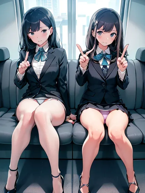 Highest quality, Ultra-high resolution, (Realistic: )2D official style cel animation,((Two girls are sitting in a row with their hands making peace signs))Grey suit、Grey tight mini skirt,(Lace panties、Panty stocking、Center seam)High heels,全身Portrait,Commut...