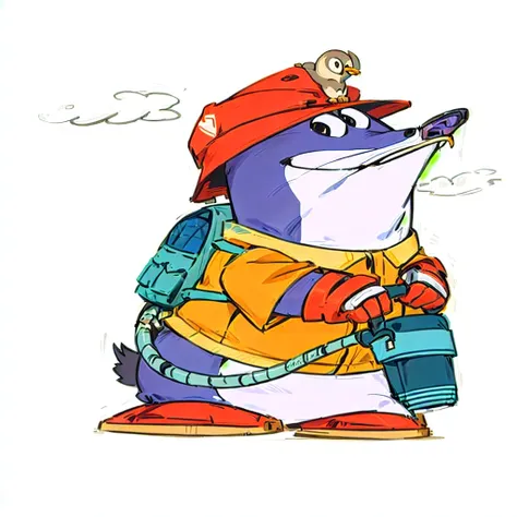 One with a hat、Penguin cartoon character with backpack, pepe the miner, smokie, dusty, Anthropomorphic penguins, production animation cel, Freeman, Hannah shaves, Cartoon Character, an Anthropomorphic mouse, Dress up as a scavenger, mecha Anthropomorphic p...