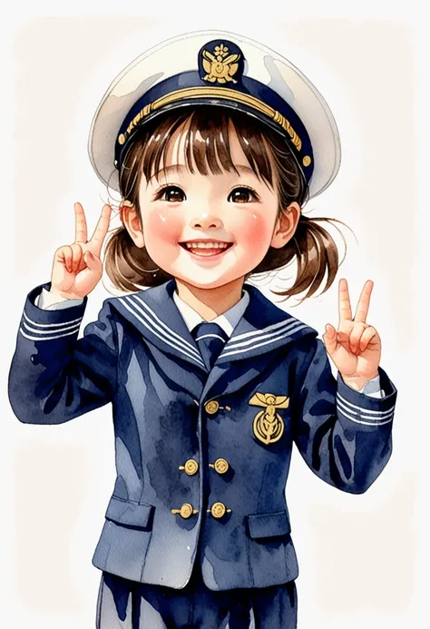 Hand-drawn watercolor illustration, Japanese elementary school students, Navy blue sailor suit,6 years old,smile,Salute, cute, cute, Simple, Pencil line drawing