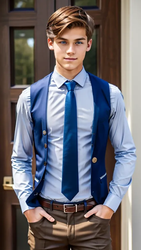 19 year old male wearing tie and lomg sleveed  button up with vest with dress pants and  3 belts
4K HIGH REZ 

Physical Description: Brown colored hair and skinny build. 5"5 and 150 LB. Blue eyes. 

.