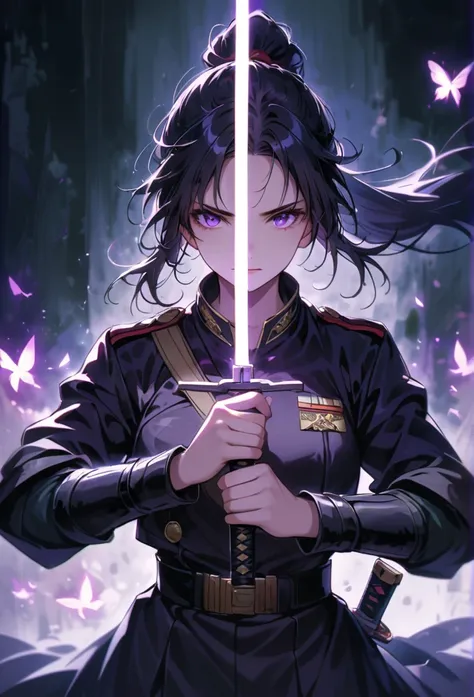 dark atmosphere，dark background，female swordsman in the dark，black hair,ponytail,glowing purple sword，lightsaber,delicate face，Sword in both hands，night，dark，fear，sword focus，Glowing purple butterflies flying in the air,military uniform