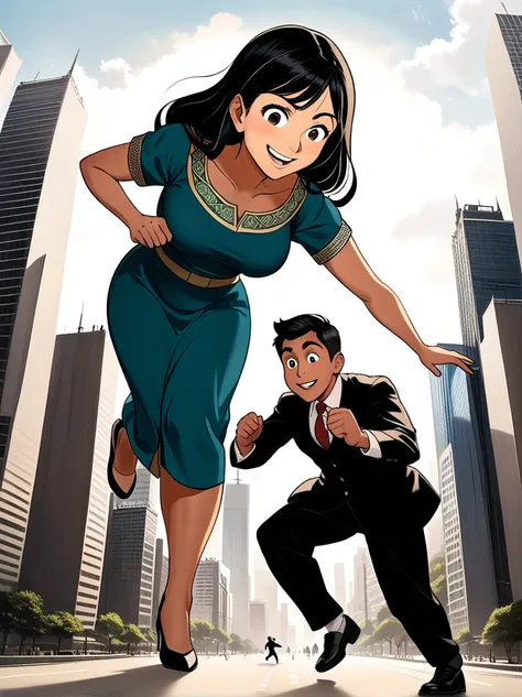 A colossal Caucasian woman peering down a miniature South Asian man who is frantically running away. She is about to pick him up, her face showing a mischievous grin. The setting is an urban landscape with large skyscrapers surrounding them that are dwarfe...