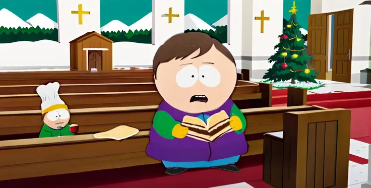 eric cartman eating maple vanilla wafer running inside church