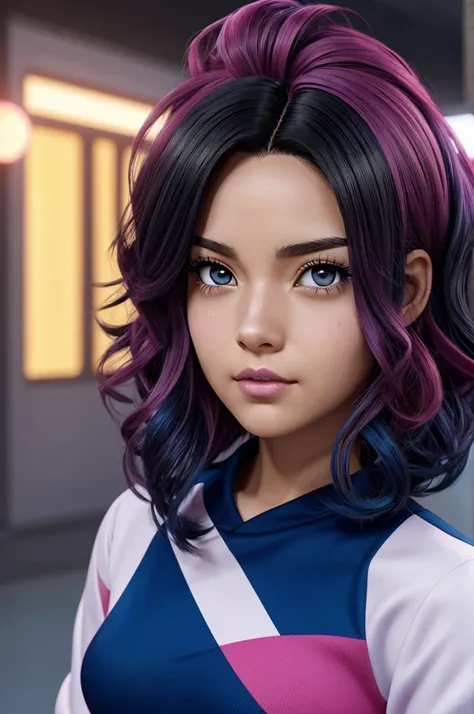 Screenshot of my hero academia.
Girl with curly black hair with fuchsia and blue tips, brown eyes and a mole near the eye