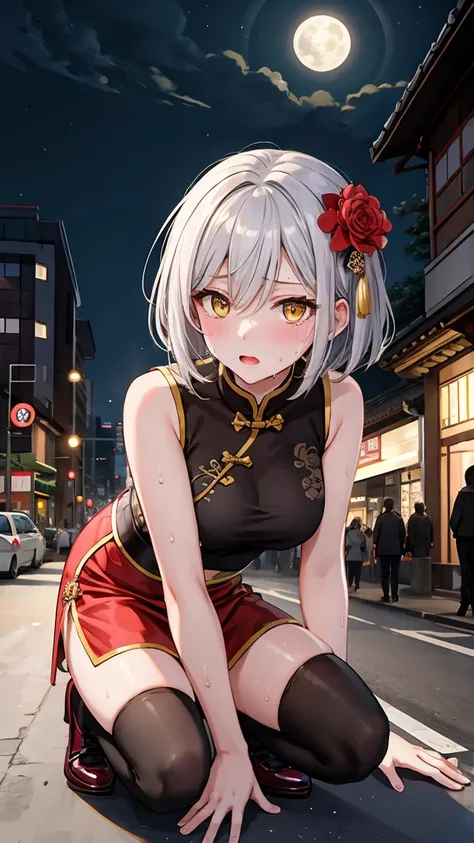 young girl 16 years old, short silver bob hair, hair flower, sharp bangs between the eyes, yellow  eyes, eyes large, provocative look, obscene expression, notable physical features, traditional chinese imperial clothes black with gold details, red skirt, b...