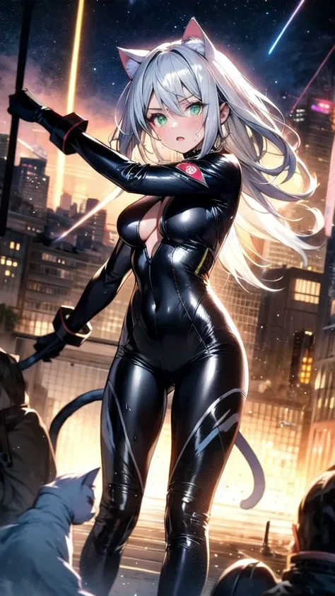 A silver-haired beautiful girl with cat ears eyes are green hair is silver and long clothes: a form-fitting black combat suit The fist is an afterimage The background is a city at night her is in a cat-like fighting pose The year is 14 years monitor, Dark ...