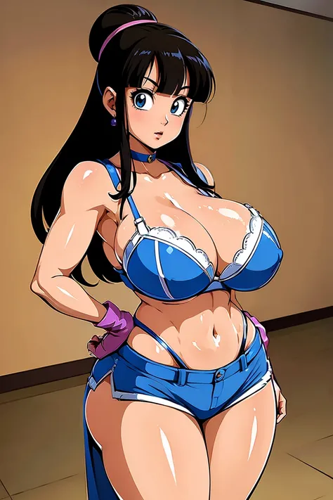 Super cute anime girls of extraordinary beauty, with charming looks, with huge tits, hips and a big, round ass, thick legs, a cheerleader uniform with a bra, a very deep neckline on the chest and a blue miniskirt that reaches below the buttocks. thread int...