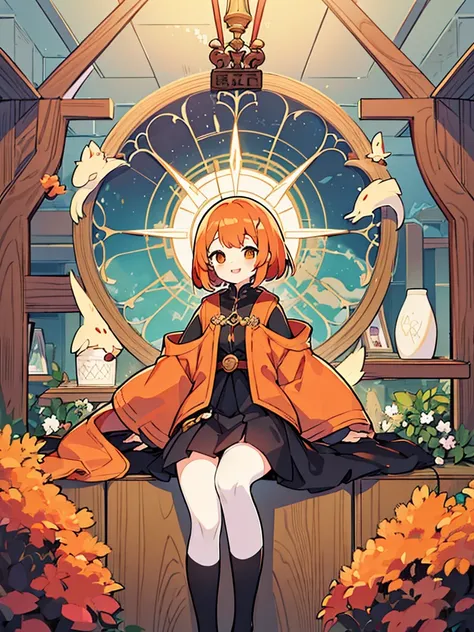 ((best quality)), ((masterpiece)), (detailed), An optimistic girl，short hair，Wear a black shirt，Wearing a crimson skirt and white stockings，With orange hair，Smile，Copper element metal，Copper element metal，深红色Copper element metal，In the wizarding world，In t...