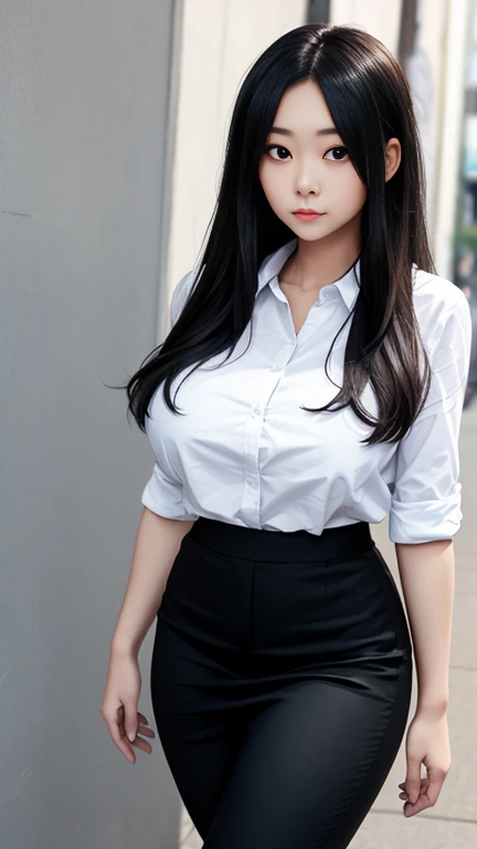 A girl has large breasts showing and long black hair and is wearing her black skirt with her black pants 