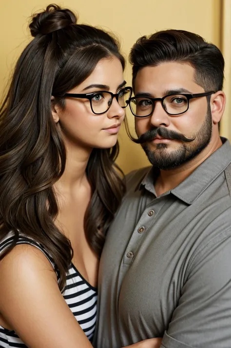 man y mujer. Couple.
 Woman long brown hair. chubby, Brown eyes, tender.
man, little beard and mustache, black fur, sideway hairstyle, short hair, glasses, chubby, higher.
Carey cat yellow eyes, gray striped cat with brown eyes, calico cat green eyes