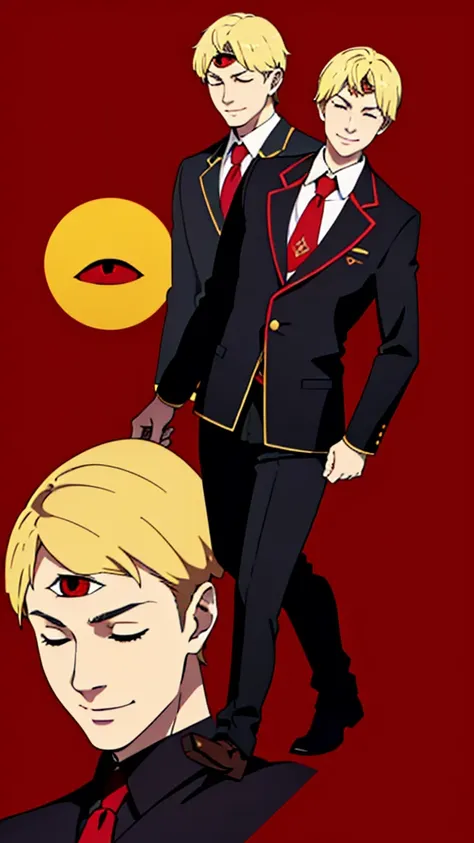 1boy,18s,short hair,blonde hair,smile,closed eyes.(no background, simple background),red necktie,black jacket, blazer,long sleev...