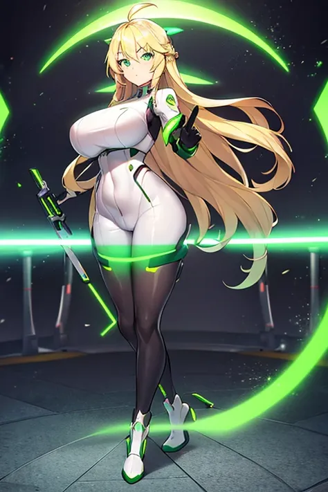 1girl, green eyes, blonde hair, long hair, large breasts, hourglass figure, bodysuit, white bodysuit, neon, neon trim, machinery, tech, science-fiction, futuristic, serious, standing, full body, ((full body)),, pantyhose, black pantyhose, wavy hair, fighti...