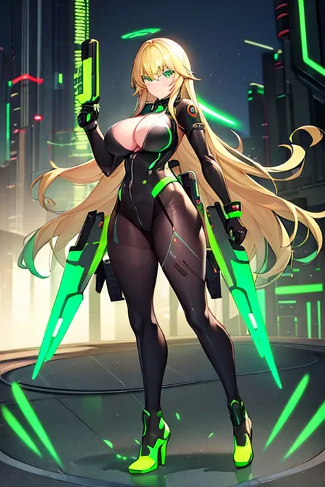 1girl, green eyes, blonde hair, long hair, large breasts, hourglass figure, bodysuit, white bodysuit, neon, neon trim, machinery, tech, science-fiction, futuristic, serious, standing, full body, ((full body)),, pantyhose, black pantyhose, wavy hair, fighti...