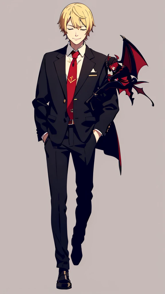 1boy,18s,short hair,blonde hair,smile,closed eyes.(no background, simple background),red necktie,black jacket, blazer,long sleev...