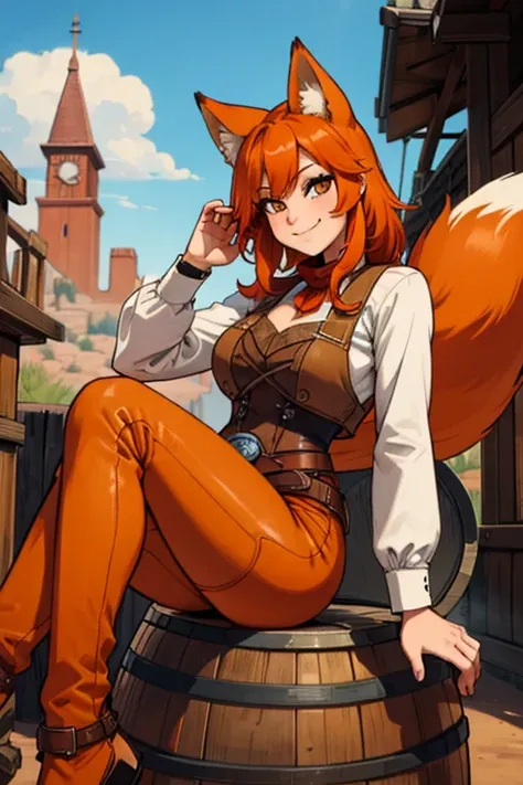 An orange haired female cowgirl with copper eyes with an hourglass figure with orange fox ears and an orange fox tail in a conservative cowgirl outfit is sitting on a barrel with a big smile in a wild west town