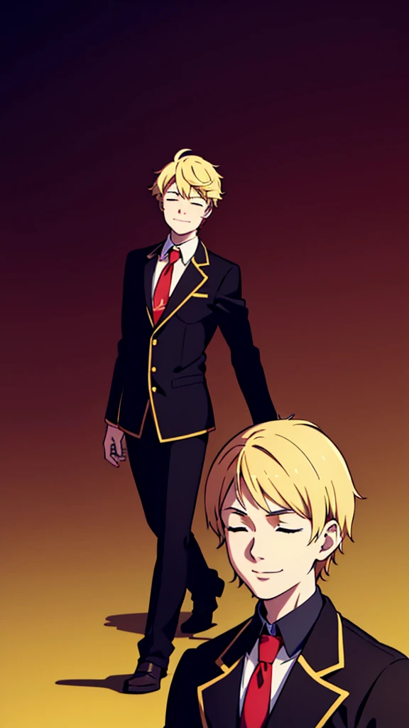 1boy,18s,short hair,blonde hair,smile,closed eyes.(no background, simple background),red necktie,black jacket, blazer,long sleev...