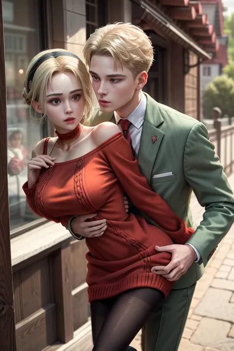 (masterpiece, best quality:1.2), high resolution, intricate details, extremely detailed, realistic and sharp details, (full body), hetero, couple, (1girl, hairband, off shoulder red sweater minidress, pantyhose), (1boy wearing light green business suit), (...