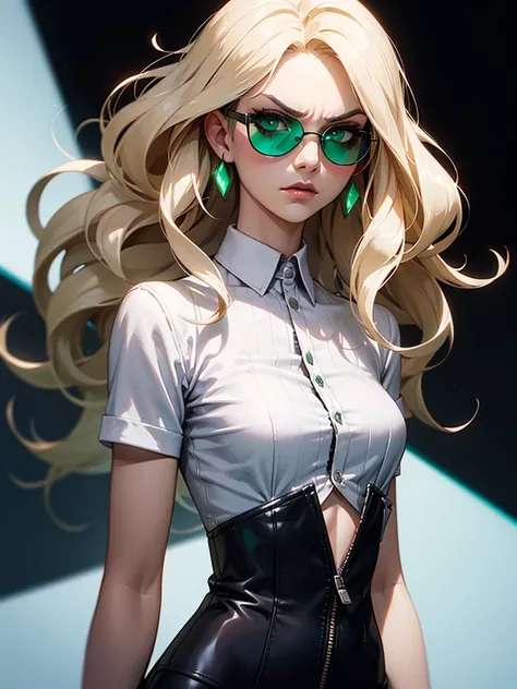 ((Half Body Photo)), She has a Childish Platinum Blonde-Haired Appearance, with a Small and Slim Build, and a  Demeanor. She has Striking Emerald Eyes, and Expresses a Serious and Defiant Look, Giving Off a Grumpy Attitude. Her Hair is Short and Wavy, Plat...