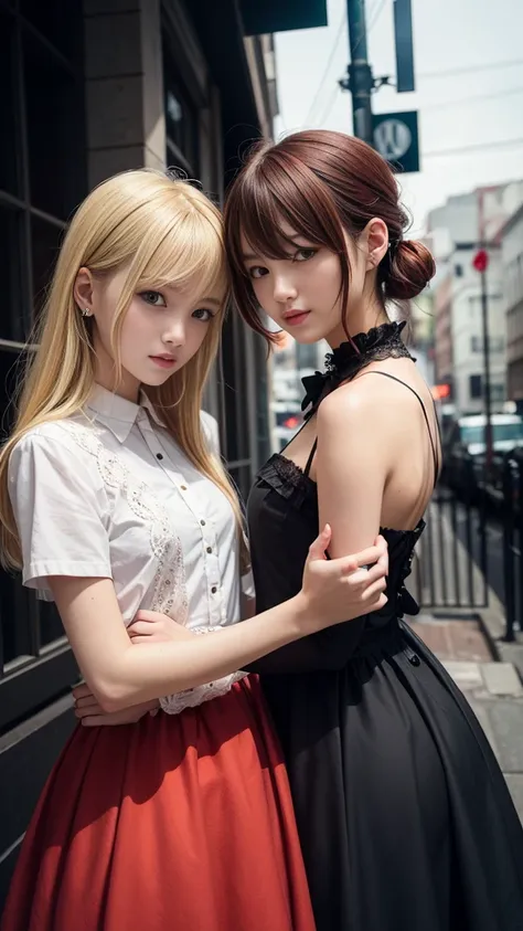 (natural blonde and redhead girls with pretty faces), cute pose, wearing a button dress, atmospheric, dark atmosphere, edge ligh...