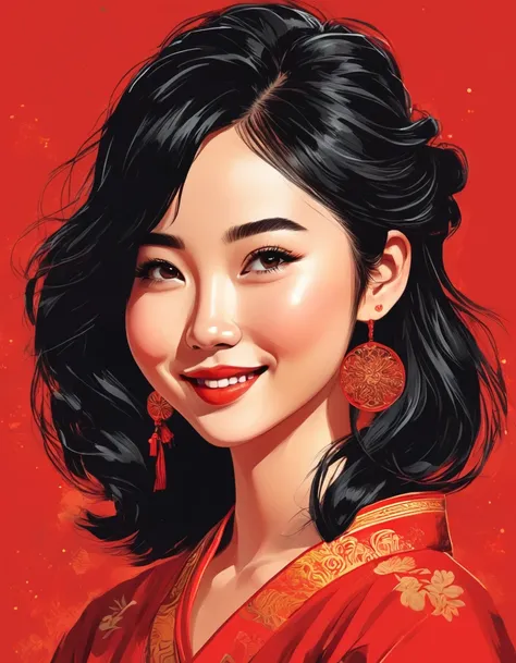 vector art，whole body，flat illustration style of a cute chinese girl, black hair, smile, close up，modern and simple，red backgrou...