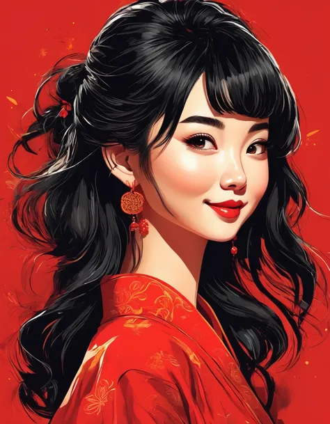 vector art，whole body，flat illustration style of a cute chinese girl, black hair, smile, close up，modern and simple，red backgrou...