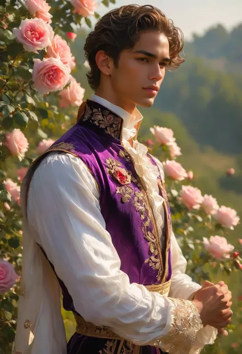 create an image of a young man inspired by the characteristics of the rose 'the prince,' a mixed-race male model, 25 years old, ...