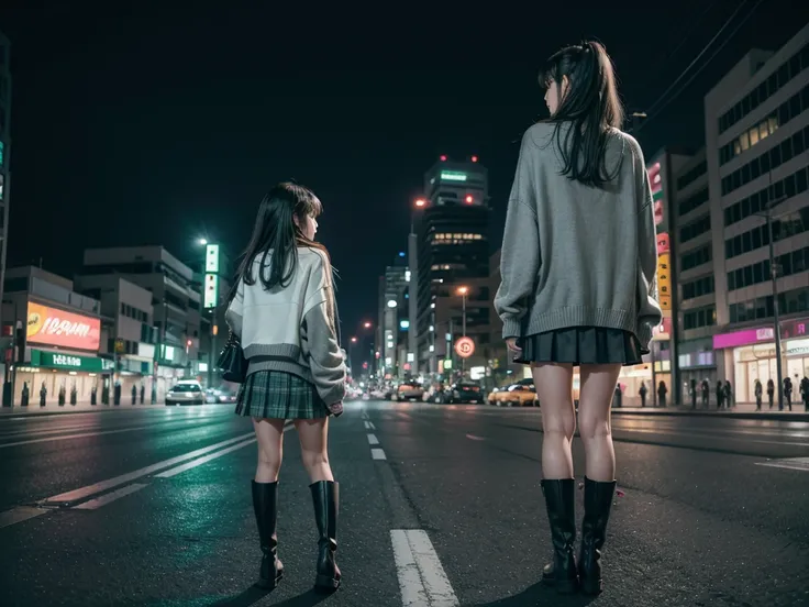 City landscape combination of Mexico and Japan modern avenue anime night neon lights, an anime girl alone in the middle of the street with her back covered in a green flag cardigan sweater, Long gray skirt, high white socks and black boots