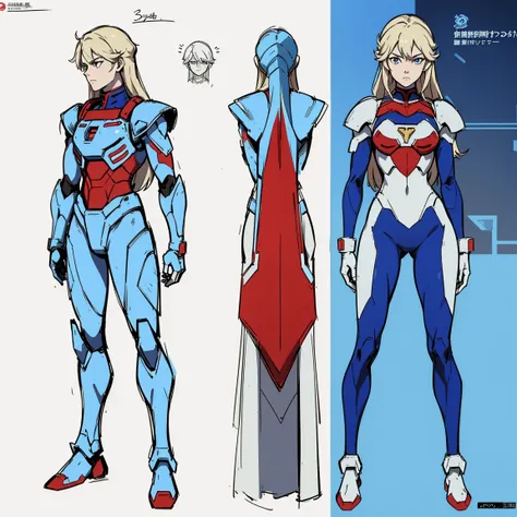 (((full body photo))), red blue and white color, femboy wearing a lightly armoured body suit, sci-fi themes, chest armour, gundam, best quality, arte oficial, Sketch line diagram, eye blue, front view, back view, and side view of character, long hair