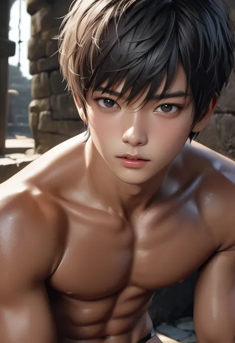 high quality, detailed, photo Realistic, (22 years old tanned japanese idol boy), (detailed black eyes), (black short hair),(tanned shiny skin:1.3), black tiny thong, bulge,(detailed nipples), yard, dungeon, (best quality,4k,8k,highres,masterpiece:1.2), (f...