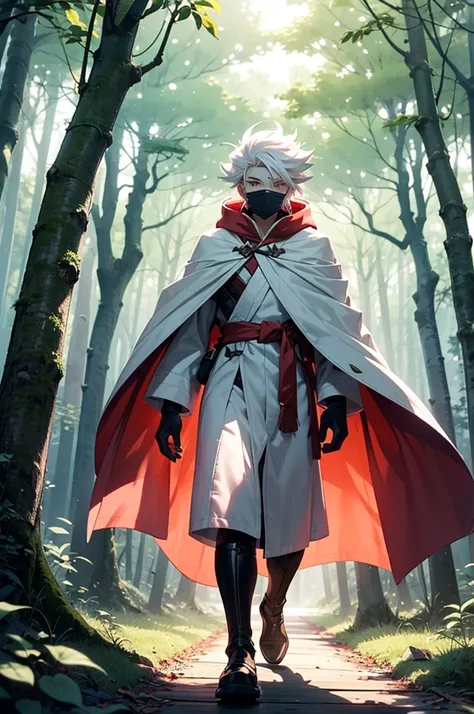 A white haired teenage boy in a long thin white cloak with a light pink pattern wearing a traditional wood carved mask resembling the Pokémon Zoroark covering his face walking through a forest. lush forest, semi-dim lighting, high quality, evening, sheathe...