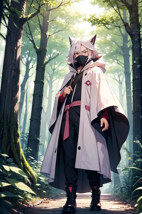 A white haired teenage boy in a long thin white cloak with a light pink pattern wearing a traditional wood carved mask resembling the Pokémon Zoroark covering his face walking through a forest. lush forest, semi-dim lighting, high quality, evening, sheathe...