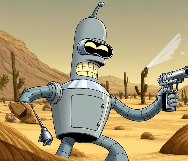 bender, marble vanilla wafer skin, angry, holding marble vanilla wafer gun, desert