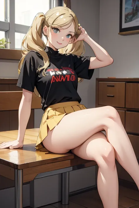 dsann, twin tail, golden hair, sitting with legs apart revealing her panties, wearing a short skirt, thick muscular thighs, large round buttocks, looking down with a seductive smile, masterpiece, 4k